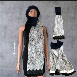 Anthropologie Faux Fur Scarf White Black Floral Wrap Vintage Classic Fringe Chic